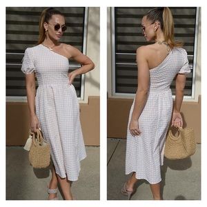 Gingham Cream One Shoulder Mid Length Dress NWT